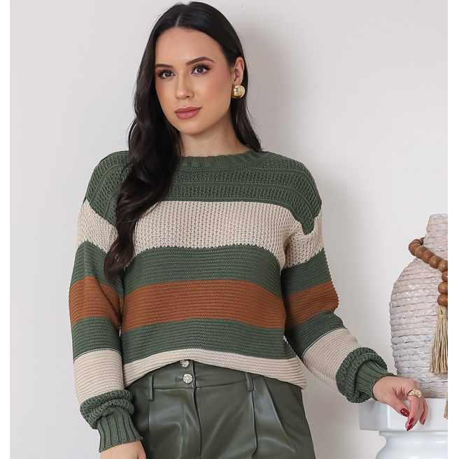Blusa Feminina de Frio Listrada de Tricot Lã Premium Manga Longa Gola Redonda Lançamento I...