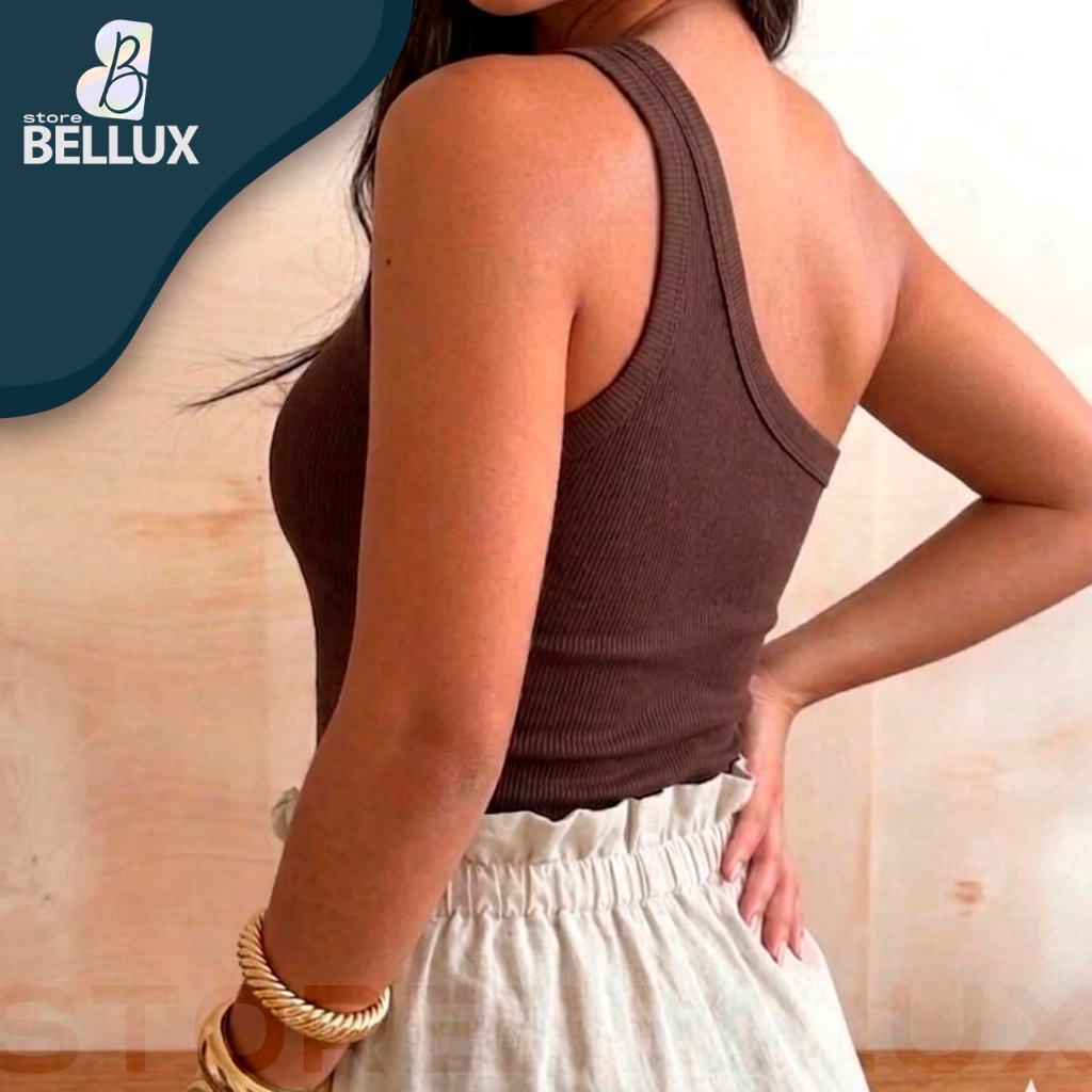 Blusa Feminina canelada Ombro Só Ribana Nula Manga Fivela dourada Mula Manca Ribaninha alça única