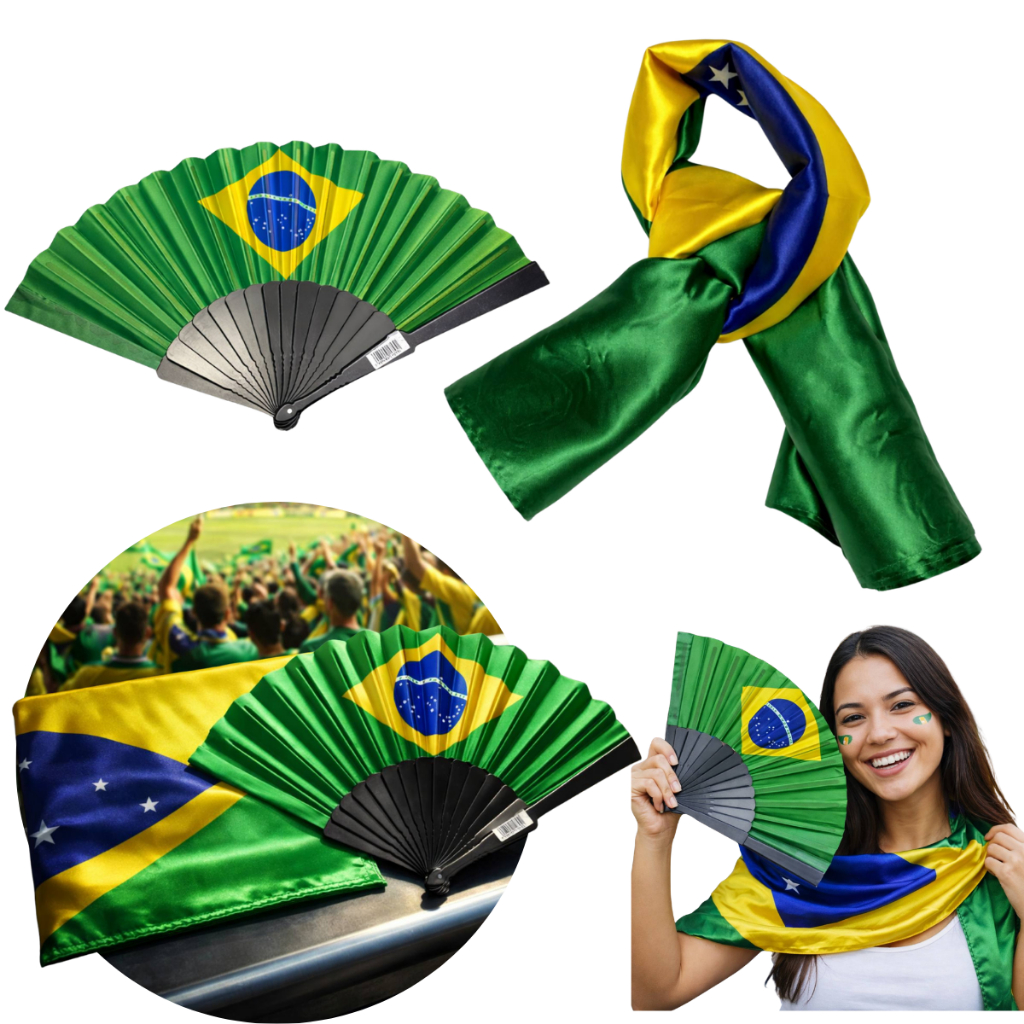 Kit Lenço e Leque Brasil Torcida Copa Futebol Acessórios Bandeira Seleção Brasileira