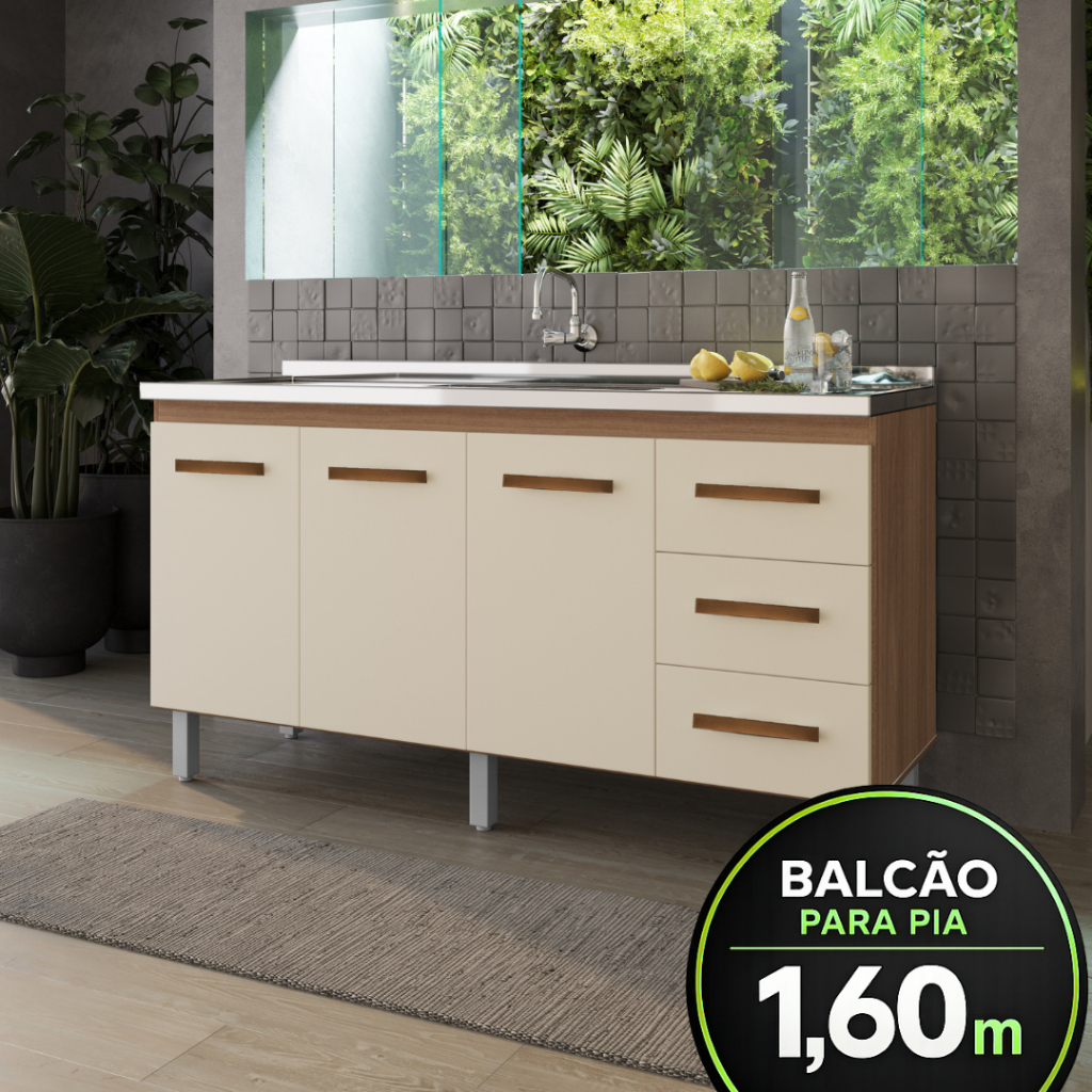 Balcão Gabinete Para Pia 160cm Emily Sem Tampo - Savana/Off-White