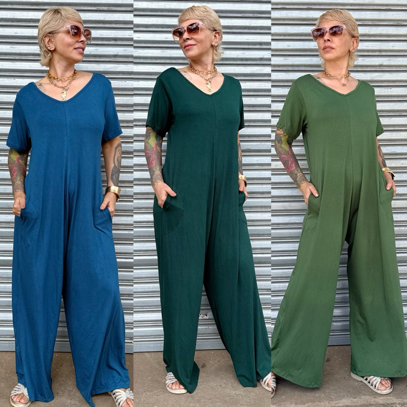 Macacão Feminino Pantalona Viscolycra Elegante Longo Solto Gola V Manga Curta Confortável Casual