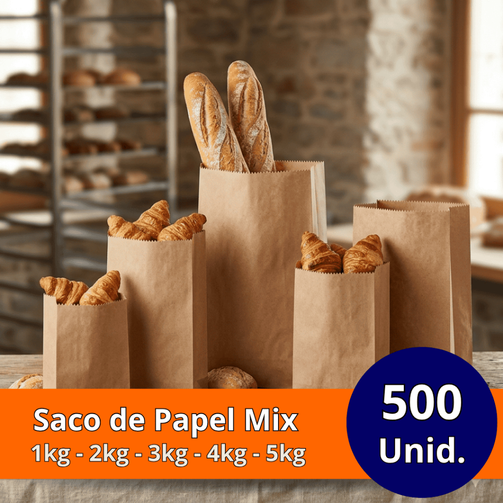 Saco de Papel Mix Pardo Pão Pastel Churros Vários Tamanhos 500 Unidades