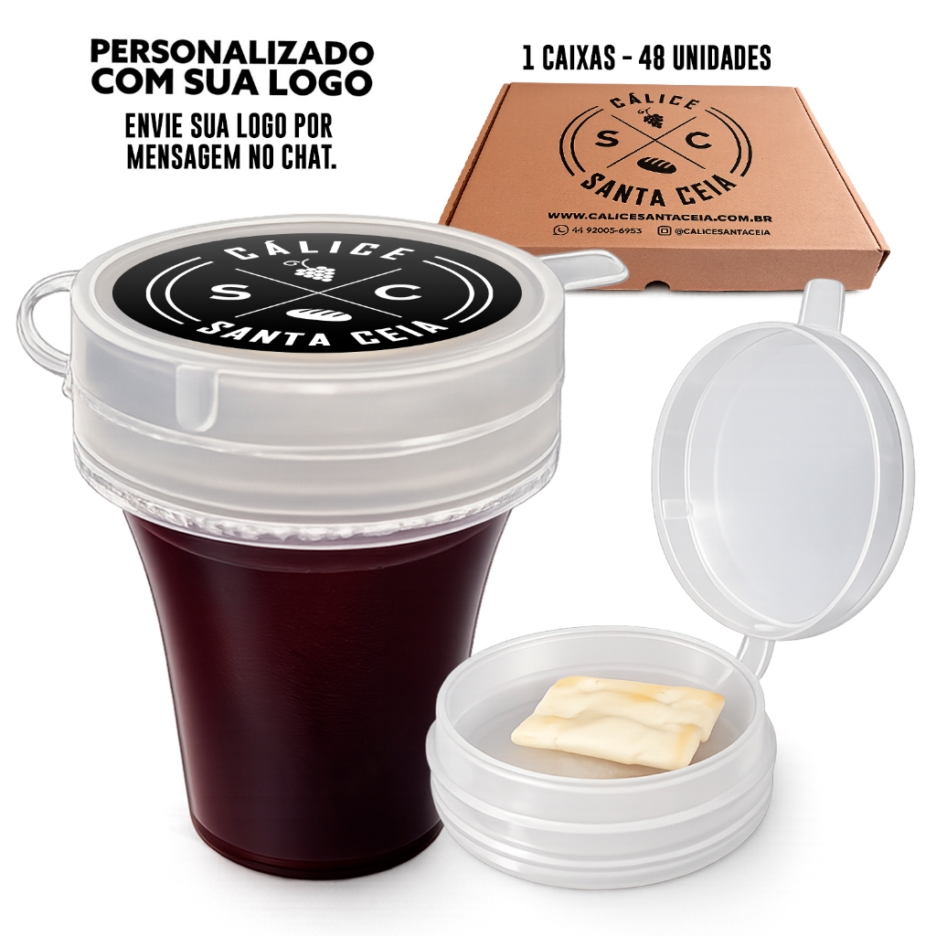 Kit Cálice de Santa Ceia PERSONALIZADO Pronto com Suco de Uva integral e Pão Ázimo 48 Unidades