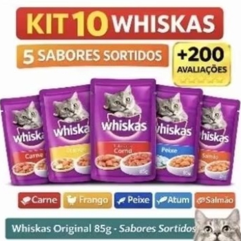 KIT WHISKAS SACHÊ PARA GATOS 85G – 10 UNIDADES COM SABORES SORTIDOS - SALMÃO/FRANGO/CARNE/ATUM/PEIXE