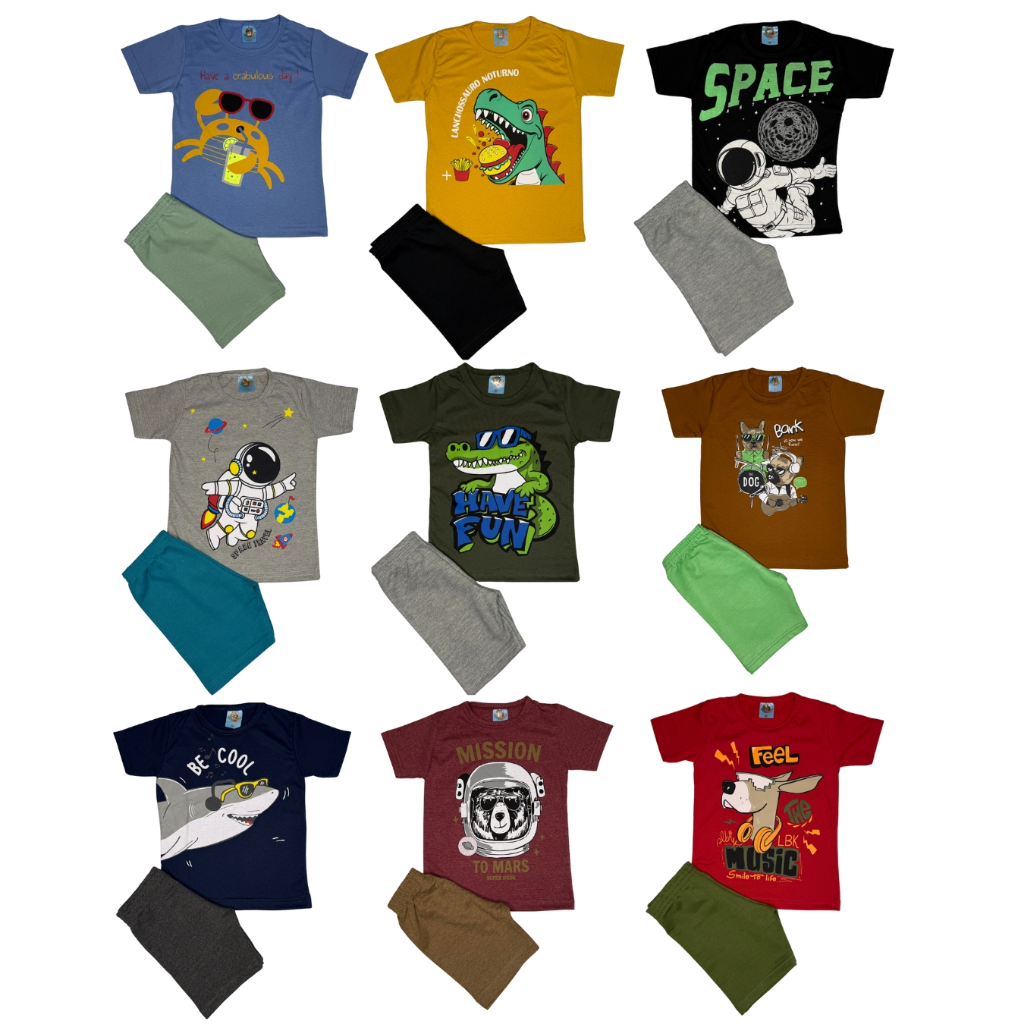 Kit 4 peças sortido roupa infantil menino verão 2 camisas 2 bermudas Tamanhos 1 ao 8 estampadas