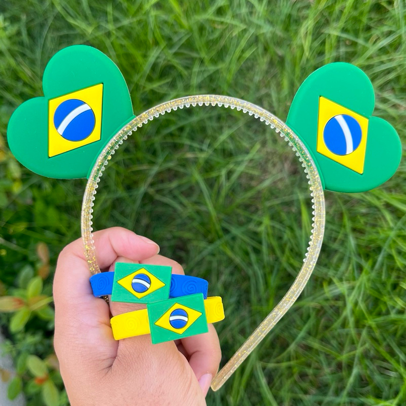 Tiara Orelhinha Brasil Copa do Mundo com Glitter | Tiara Infantil Brasil Verde Amarelo Torcida Hexa