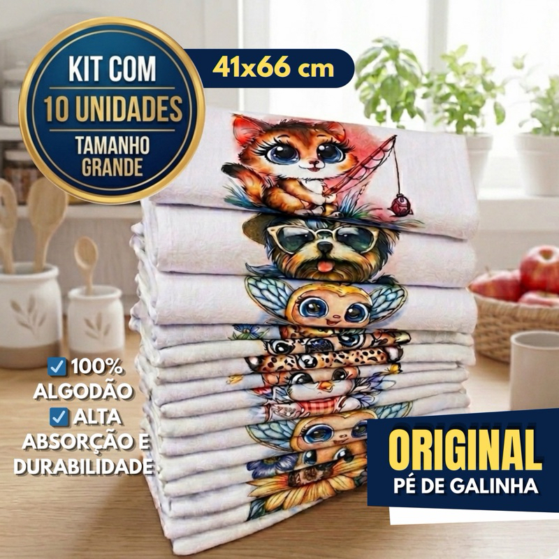 Pano de Prato Pé de Galinha ORIGINAL (Kit com 5, 10, 15 e 20 Peças) Pano Grosso, Estampado Alta Absorção e Qualidade