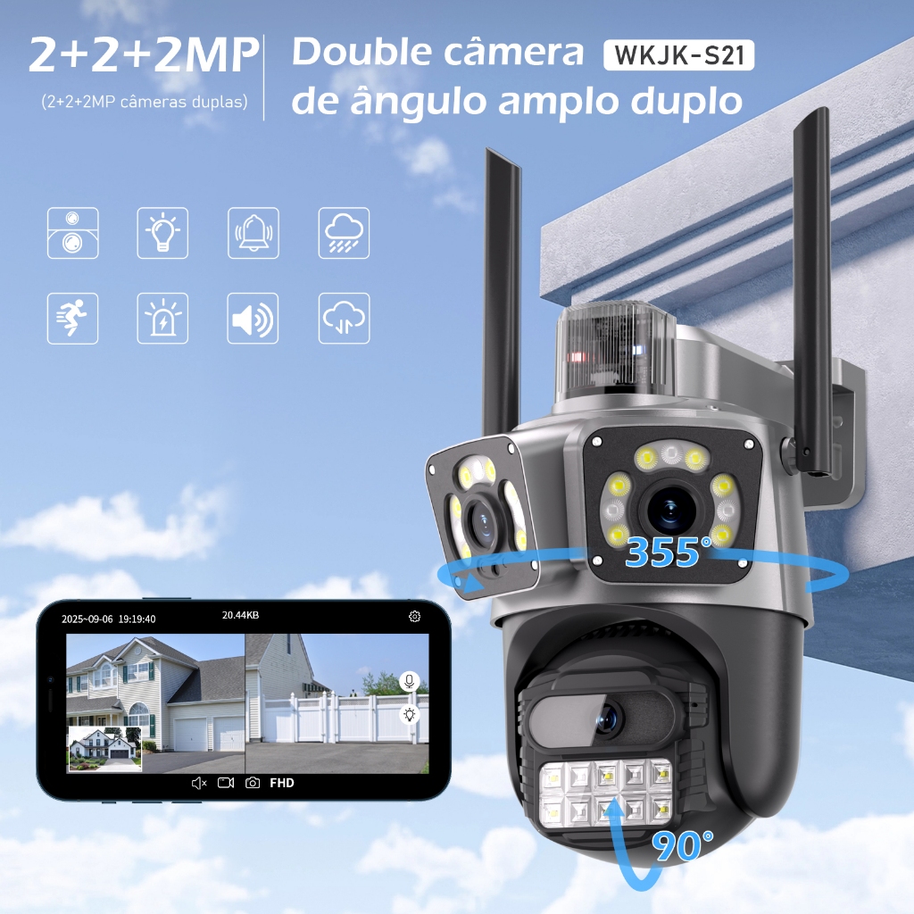 Câmera de Segurança Externa 3 Lentes 6MP 360° | Zoom Inteligente, IP66, Visão Noturna Full Color, Áudio Bidirecional