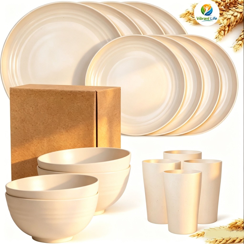 Conjunto 16 Peças Utensílios Mesa Palha de Trigo Pratos Tigelas Copos