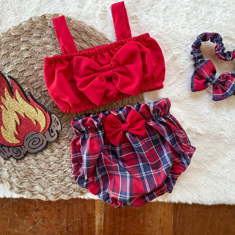 Roupa Junina Infantil de 0 a 4 anos Xadrez Conjunto Festa Junina Roupa de São João Quadrilha