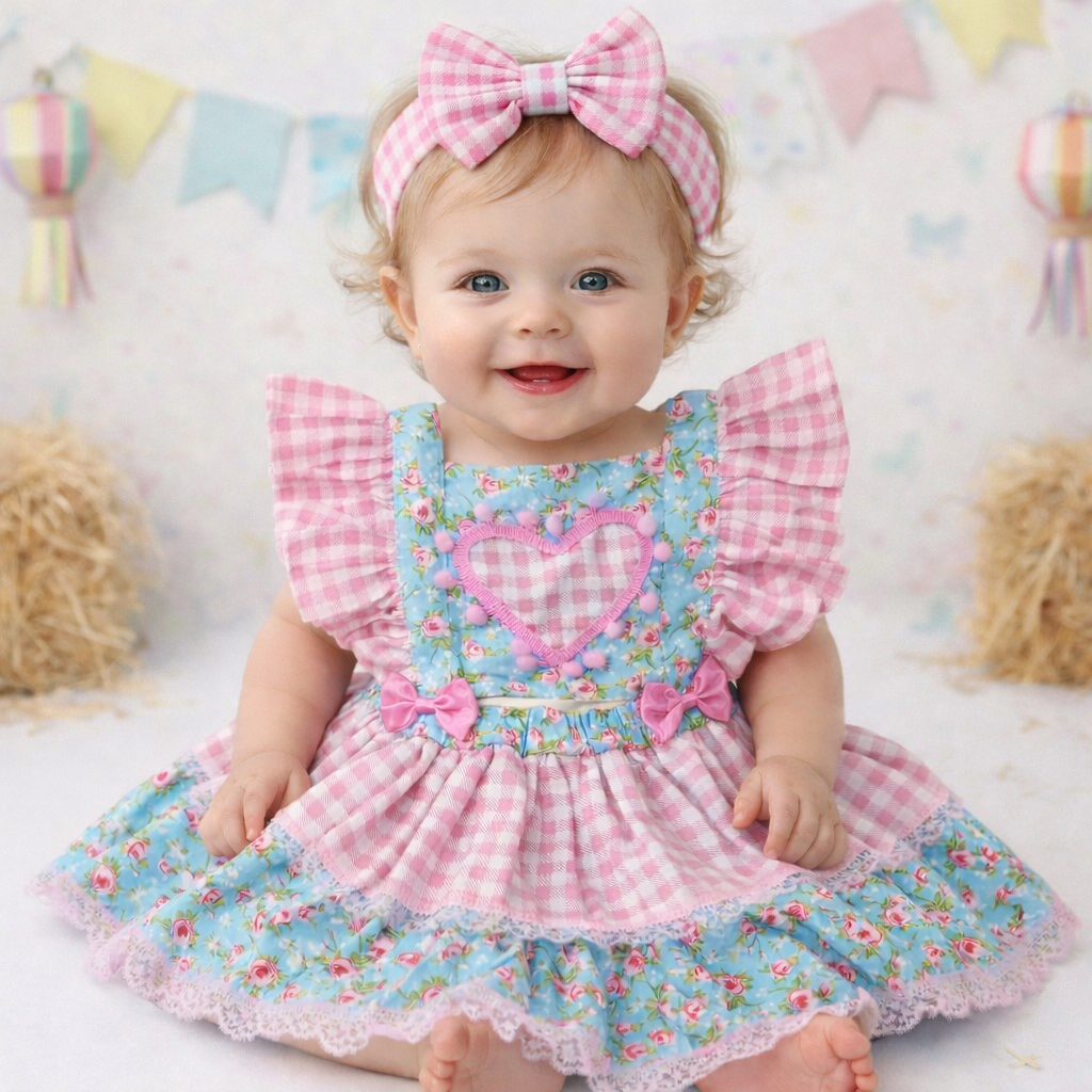Jardineira Saia + Tiara Bebe Menina Bebê Xadrez Floral Ensaio Fotográfico Mêsversário Festa Junina