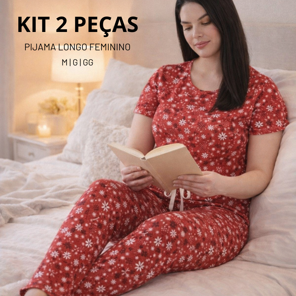 Kit 2 Conjunto Pijama Feminino Adulto / Estampado Inverno / Manga Curta Calça Longa Confortável