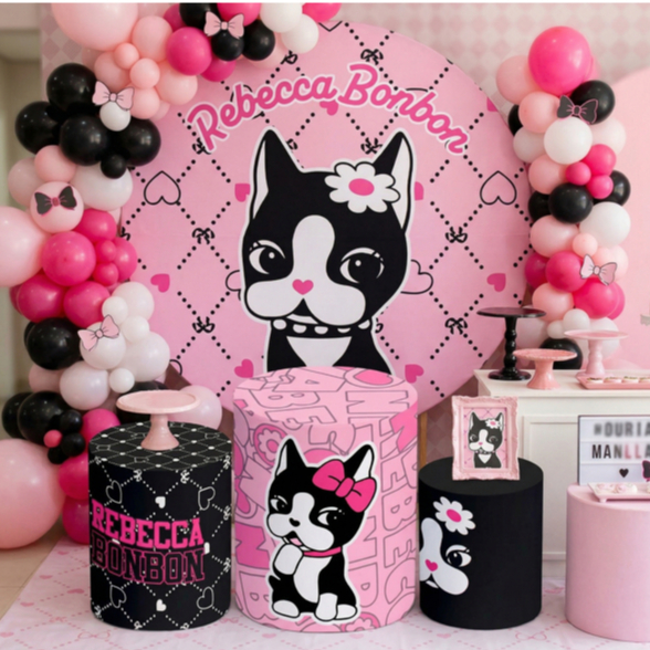 Kit Capas Painel + Cilindros Tema Rebeca Bonbon Decoração Festa Infantil Lançamento Bibi Painéis
