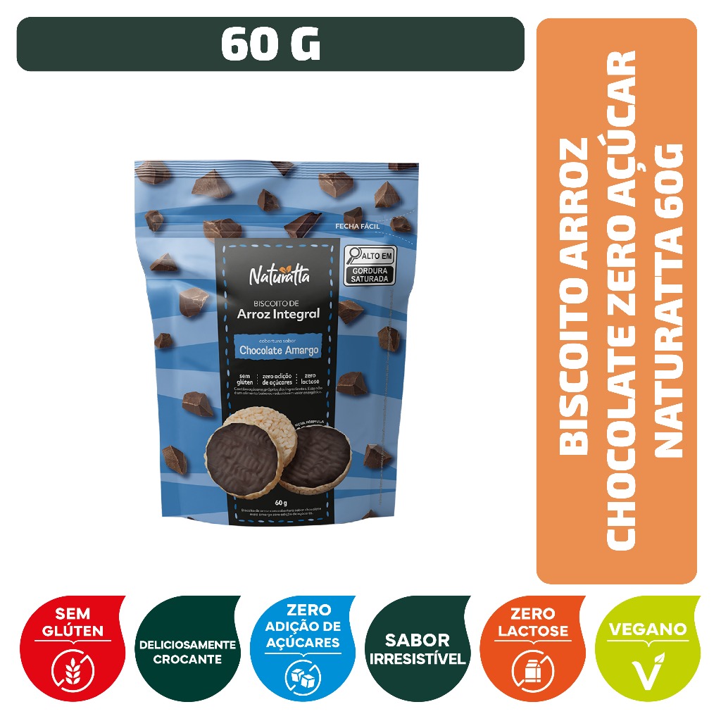 Biscoito Arroz Chocolate Zero Açúcar Naturatta 60 g