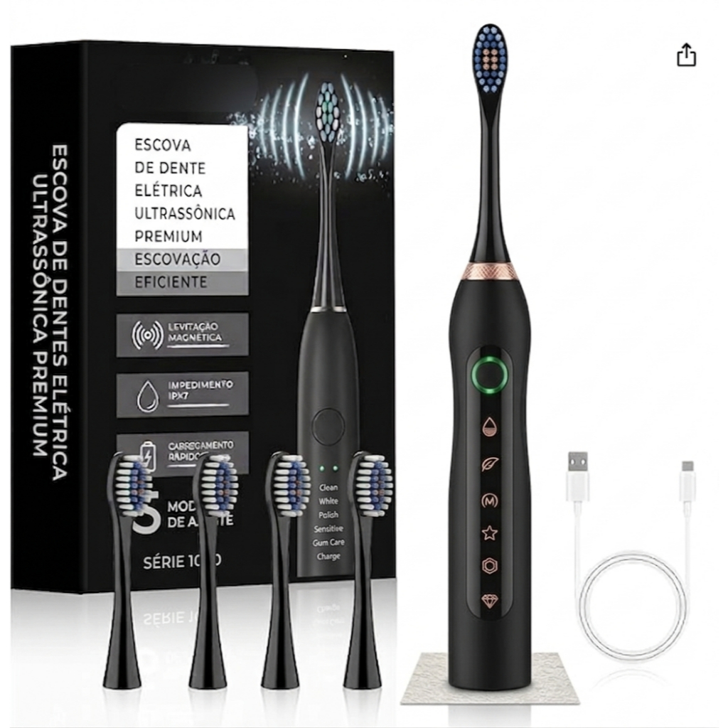 Escova de Dentes Elétrica Sônica Recarregável USB Preta, 6 Modos de Limpeza, 4 Cabeças, Temporizador Inteligente, IPX7 à