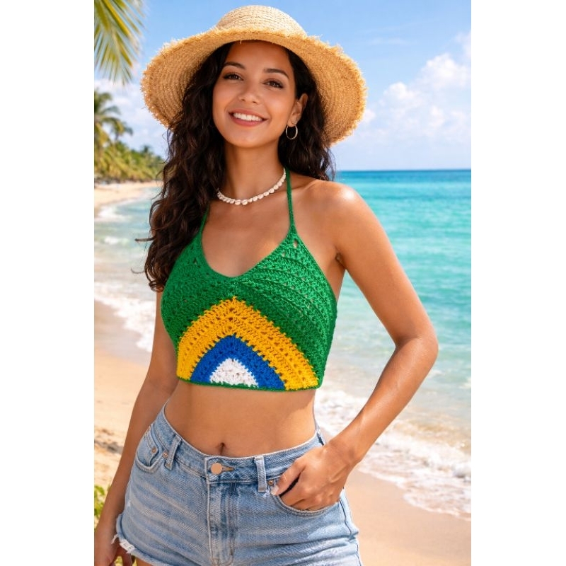 Cropped Top Croche Artesanal Copa Brasil Triangulo Amarração em Crochê Verão 2026