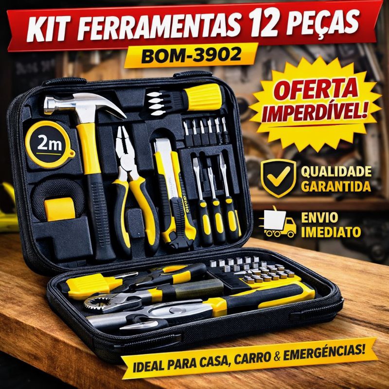 Kit Ferramentas 12 Peças Completo para Casa Carro Emergência BOM-3902