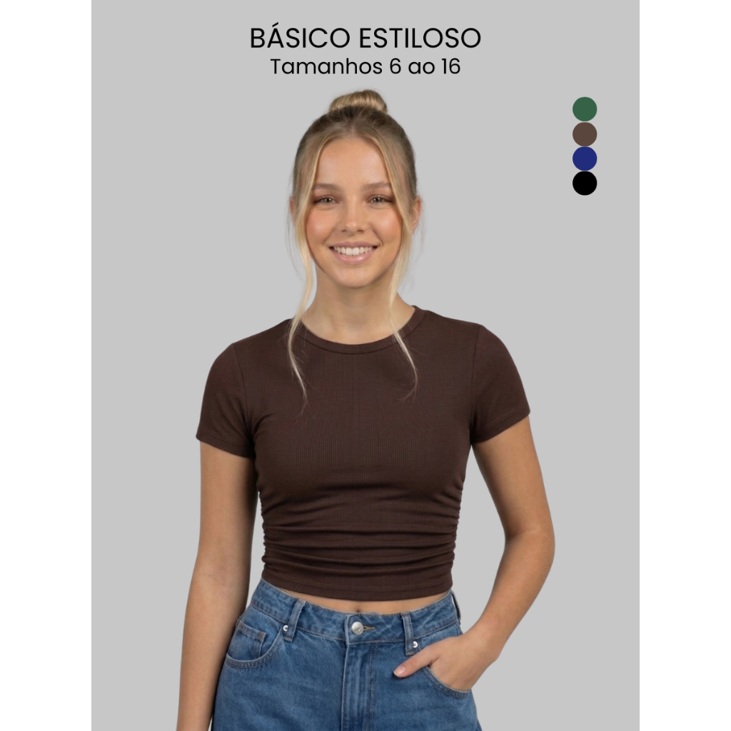 Cropped Menina Juvenil Franzido Manga Curta Blusa Justa Moda Verão Adolescente