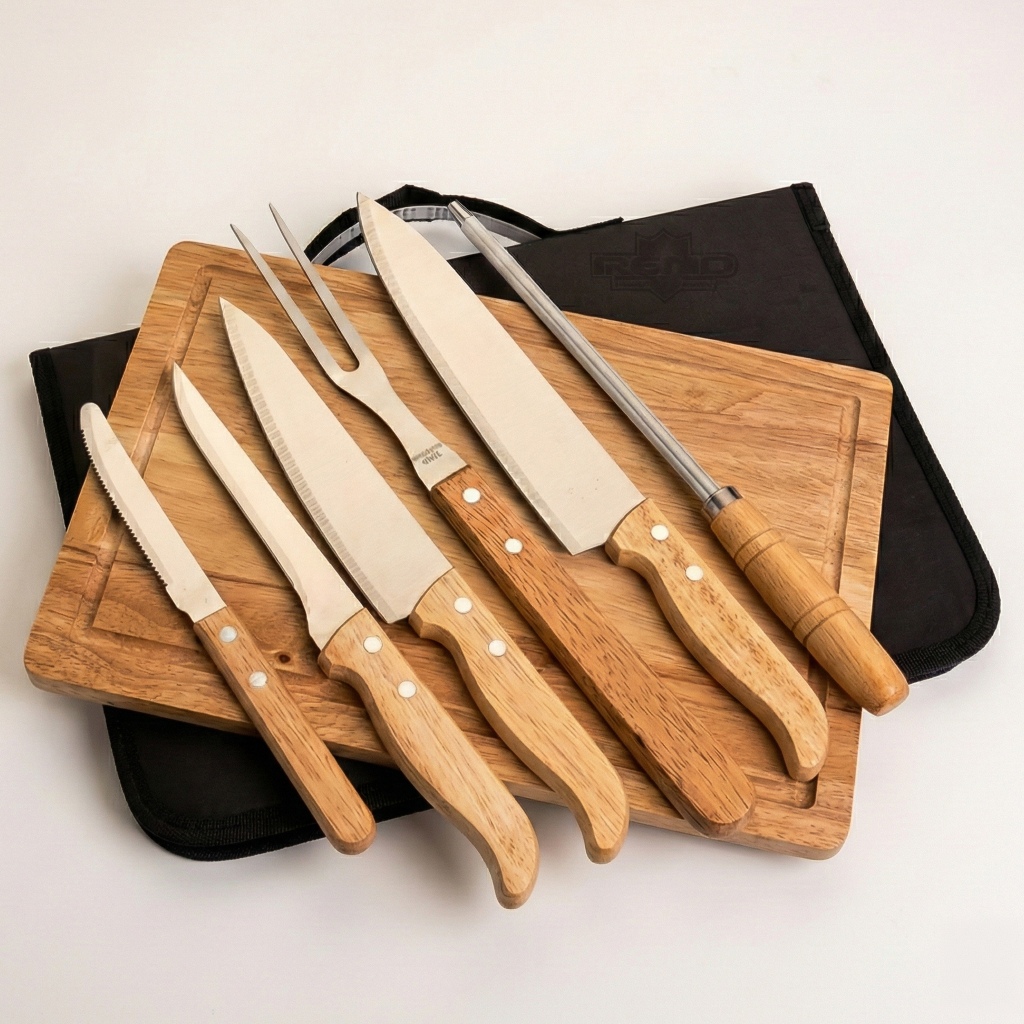 Kit Churrasco Profissional 8 Peças Aço Inox Com Tábua De Madeira E Maleta - Jogo Completo Para Churrasqueiro Gourmet