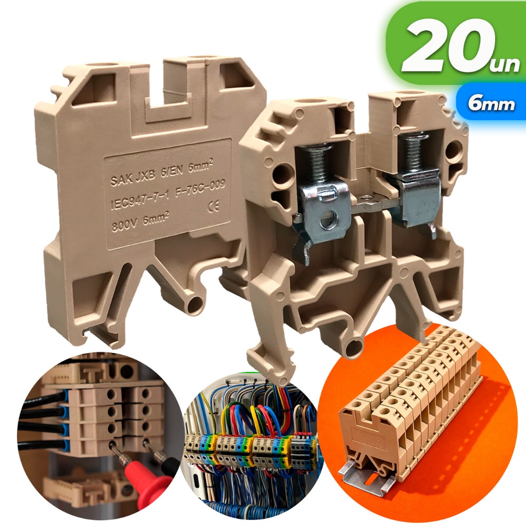 Kit 20x Conector Borne Sak 6mm Bege Conector Borne de Passagem Elétrico Fixação Trilho Din Atacado