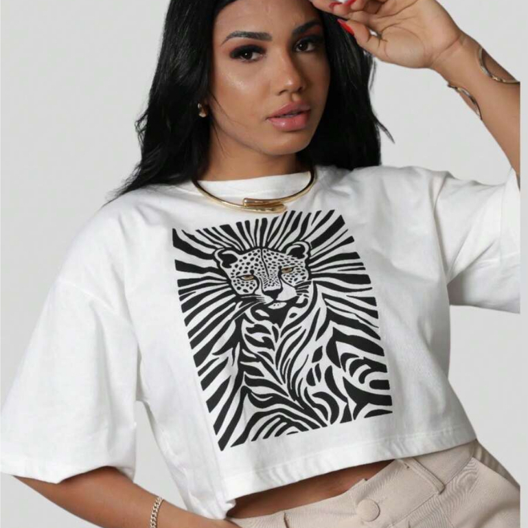 Cropped OVERSIZED Tshirt Feminina Onça Pintada Leopardo Estilosa Tendencia Confortável Minimalista