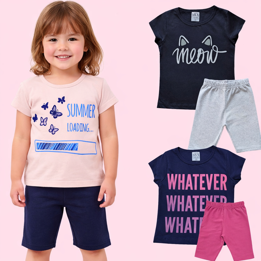 Conjunto Infantil Menina Duas Peças Blusa E Short Ciclista Escolar Tamanho 04 Ao 12 Anos