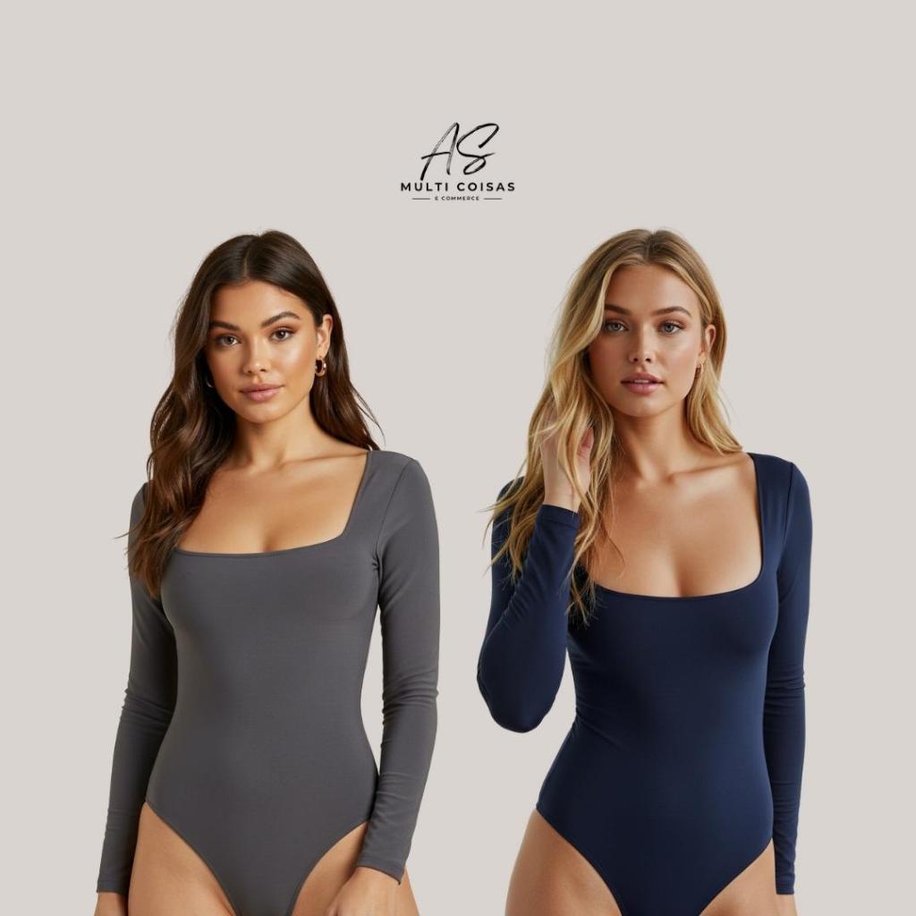 Body Gola Quadrada Kit 2 - Manga Longa Casual Básica Elegante Dia a Dia Moda Feminina