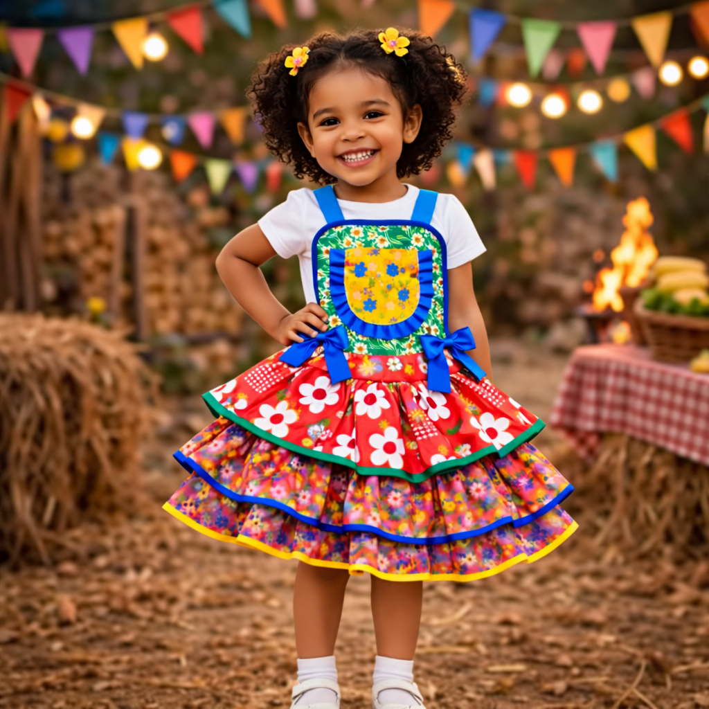 Vestido Festa Junina Infantil Caipira Colorido Luxo Com Babados