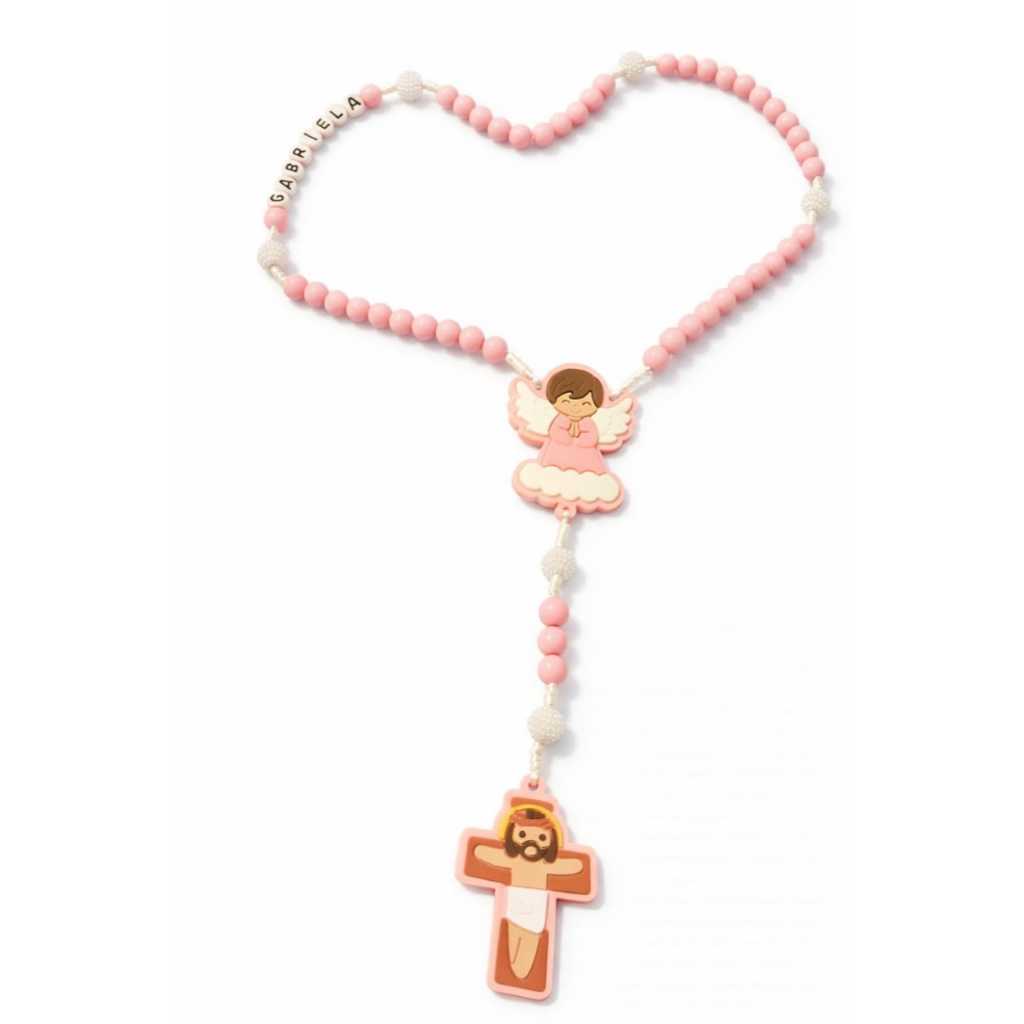 Terço Infantil Personalizado Anjo da Guarda com contas leitosa para lembrancinha, batizado, Eucaristia, aniversário.
