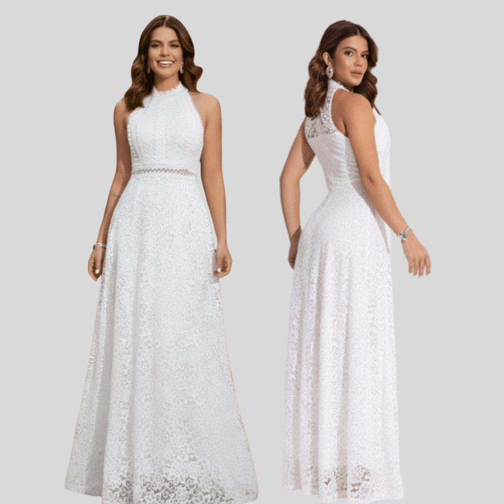 Vestido Casamento Civil Noiva Gola Alta Rodado De Renda Off em Oferta na Shopee