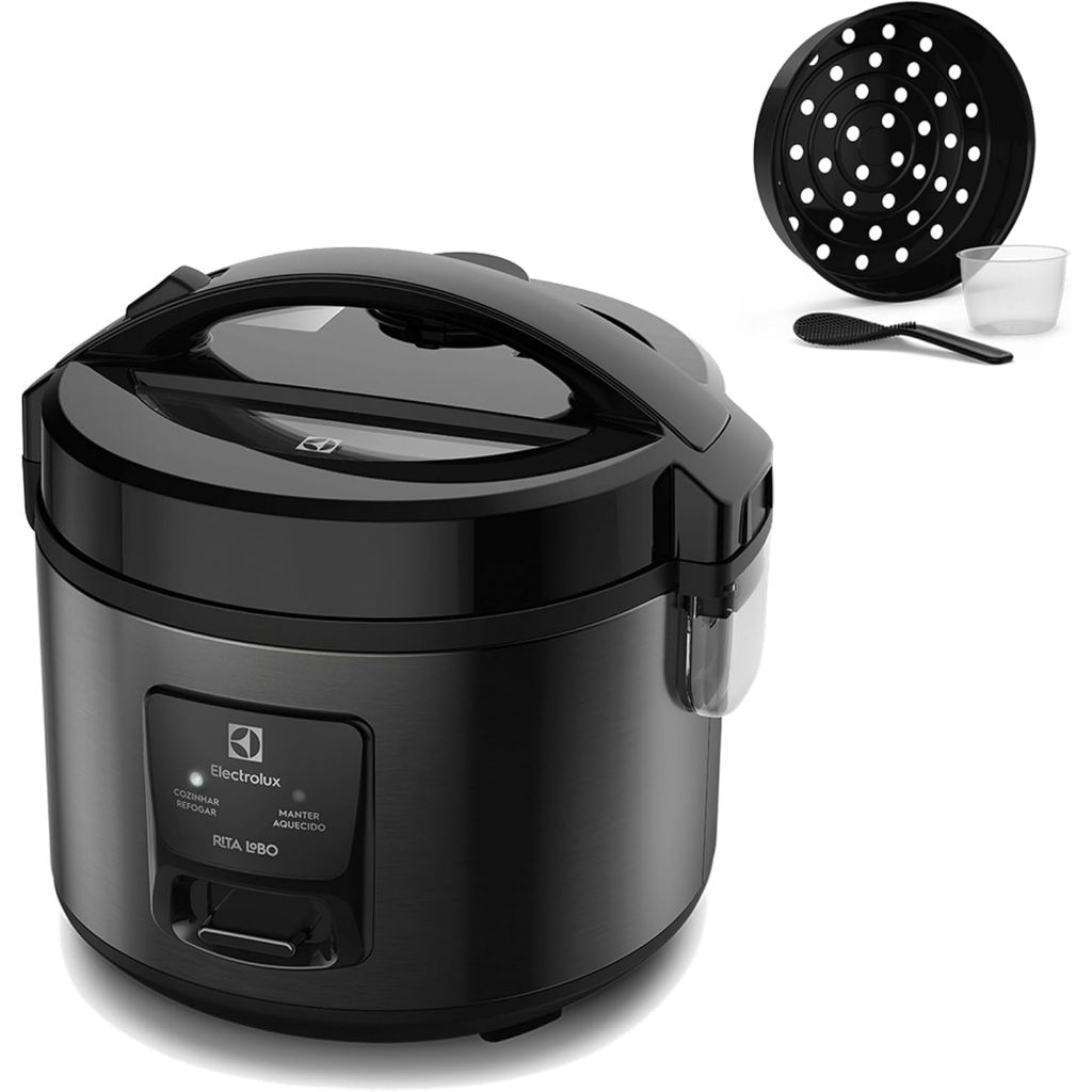 Panela Elétrica Electrolux 2L (6 xícaras) 2 em 1, timer, antiaderente, tampa vidro, ERC10 inox Rita Lobo