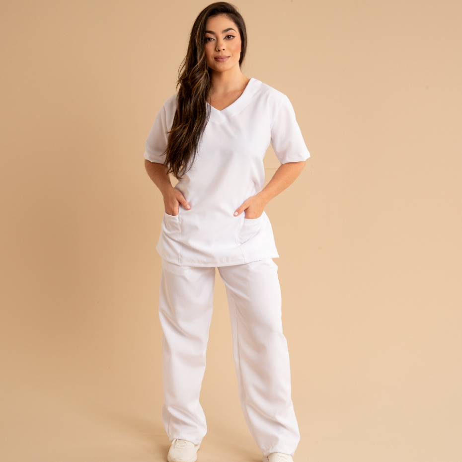 Uniforme Hospitar Conjunto Scrub Branco Unissex Pijama Cirúrgico Médico Enfermeira Cuidadora Gola V Tercido Oxford