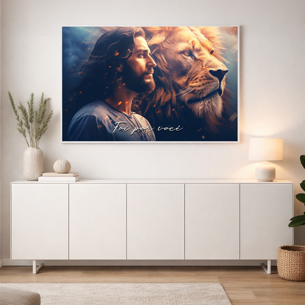 Quadro Religioso Jesus Cristo Leão de Judá Foi Por Você Com Moldura Sala Quarto