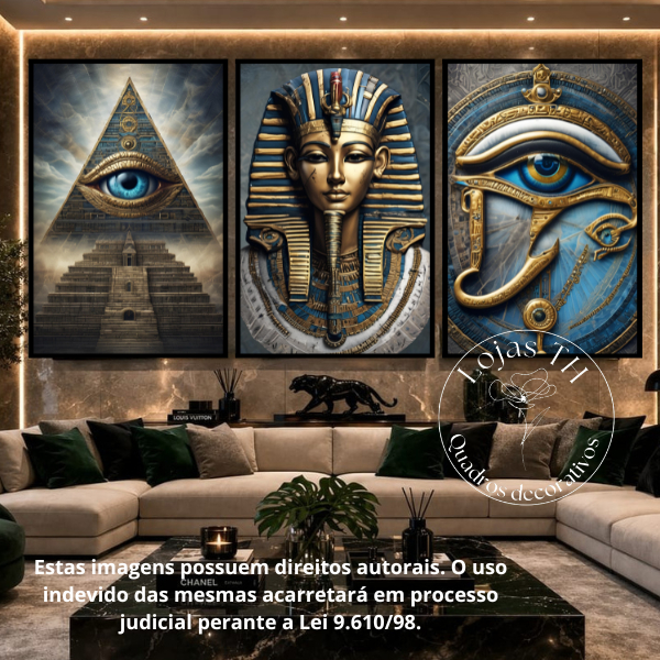 Kit 3 Quadros Decorativos Egito Antigo Olho de Hórus Faraó Luxo Místico Sala Quarto Moderno