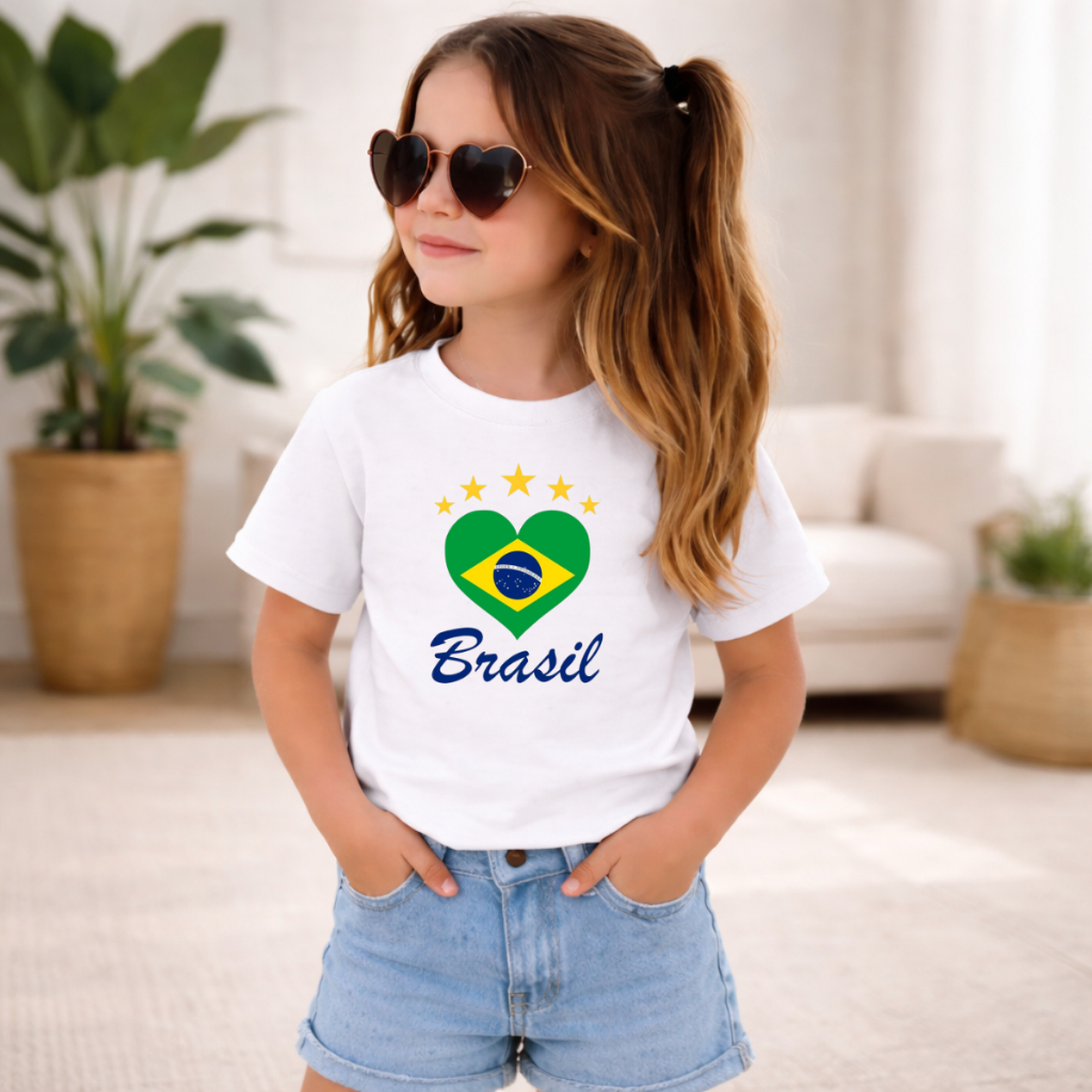 Camiseta Meninas Moda Mini Torcedora Brasil Copa Do Mundo T-Shirt Feminina Seleção Brasileira Algodão Estampa Do Brasil