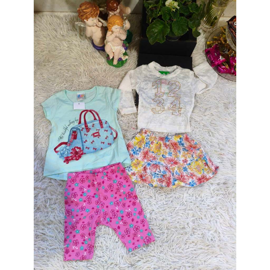 Kit (2) Dois Conjunto Bebê Feminino, (Blusa Mc/Blusa Ml + Capri Estampado/Saia Floral), Tam: M, Marca: Bauerbauer1977