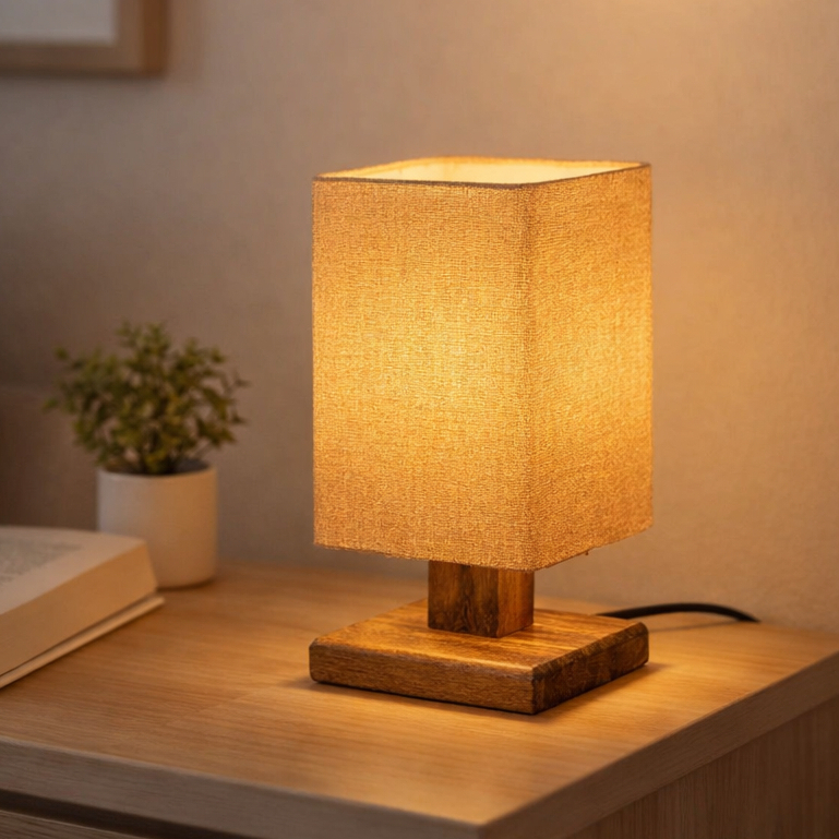 Abajur De Mesa Pequeno Madeira Cúpula Tecido Bege Decorativo Sala Quarto Luz Quente Aconchegante