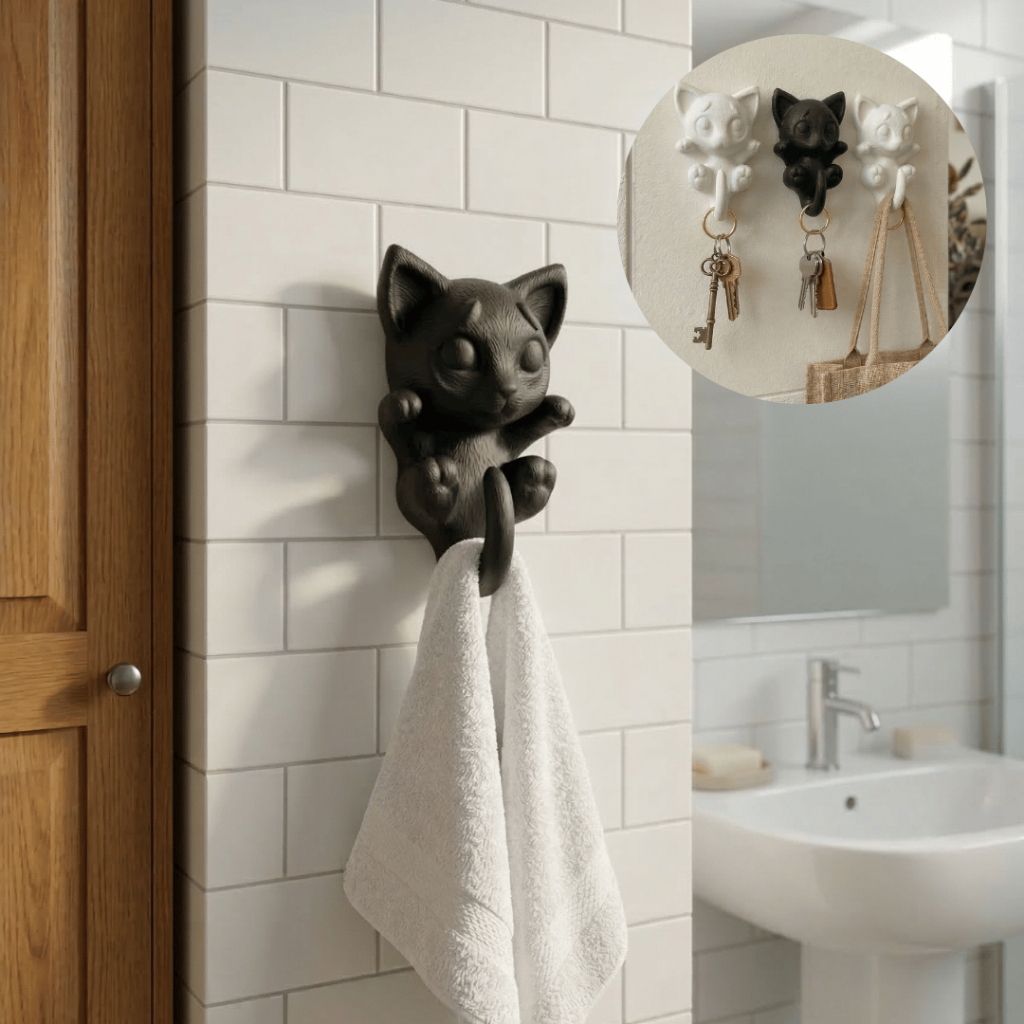 Kit 3 Ganchos de Parede Gatinho Fofo - Organizador Decorativo de Chaves Bolsas Ganchos Decorativo Casa