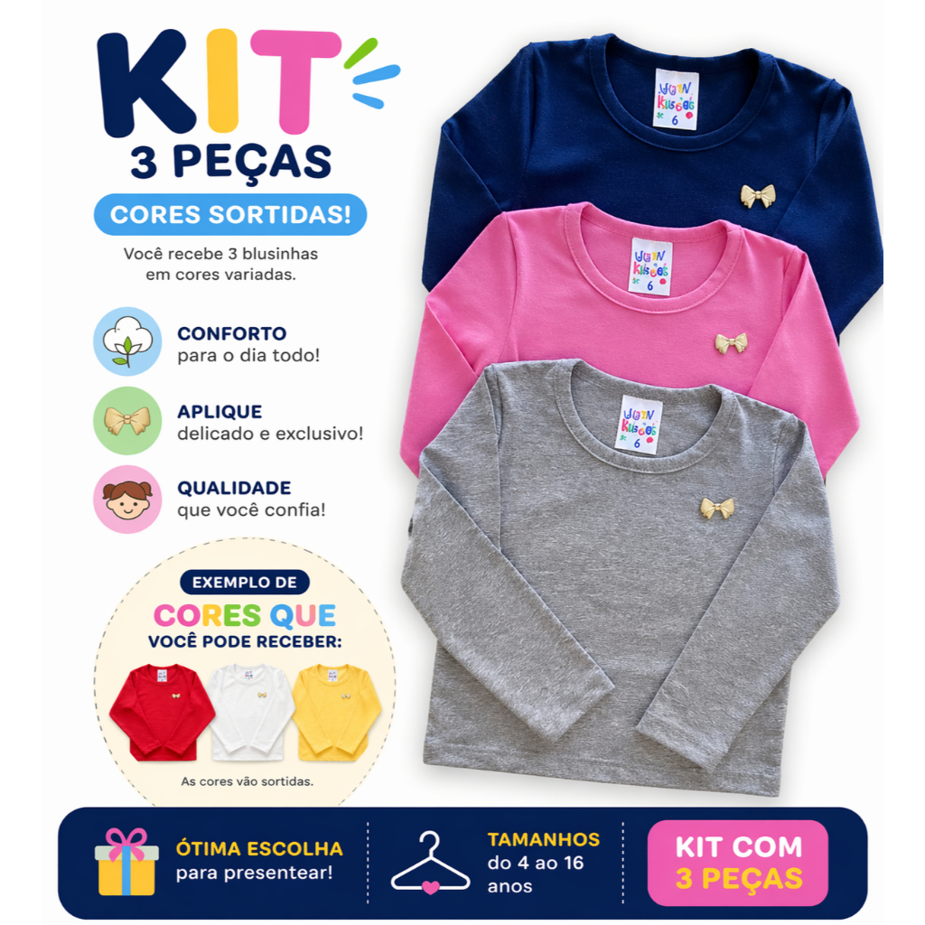 Kit 3 Camisetas manga longa infantil/juvenil menina