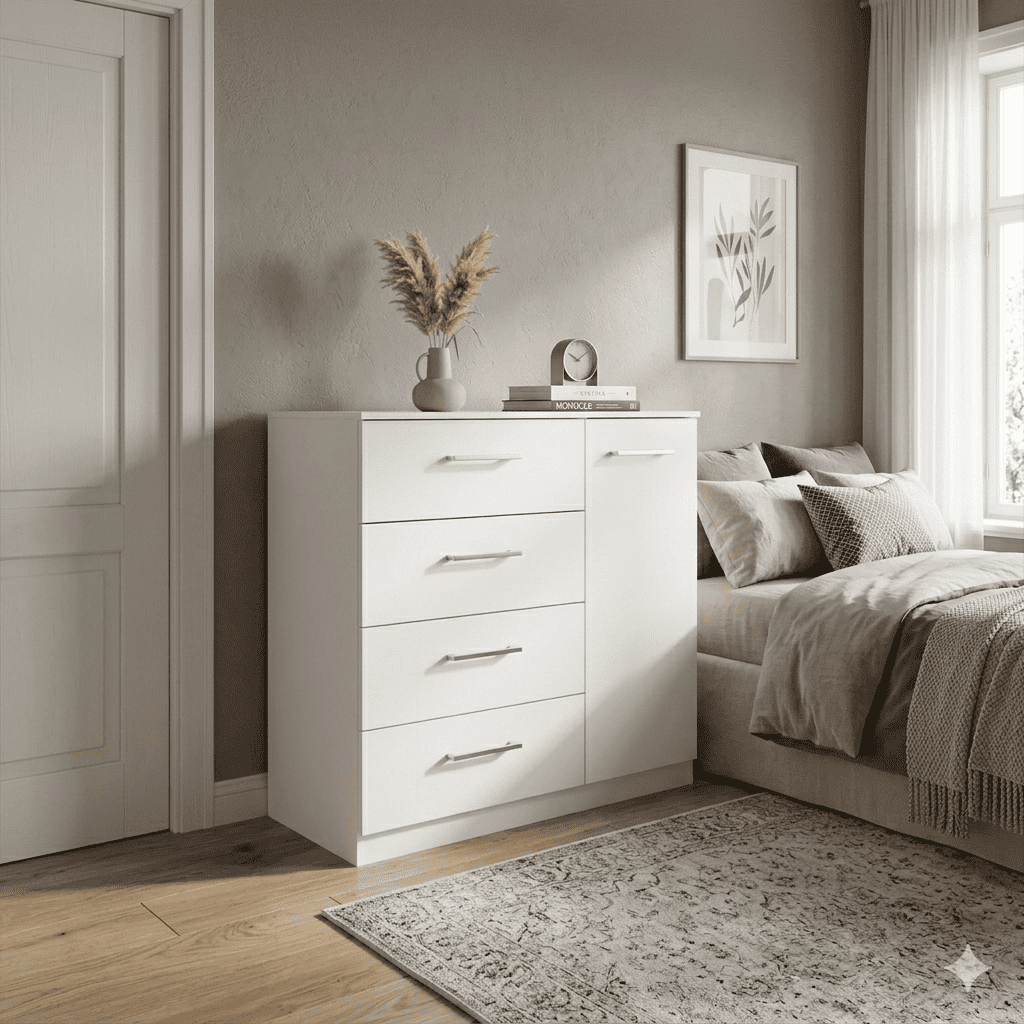 Cômoda Gaveteira Premium 4 Gavetas 1 Porta Estilo Minimalista para Organização de Casa e Dormitório em Oferta na Shopee