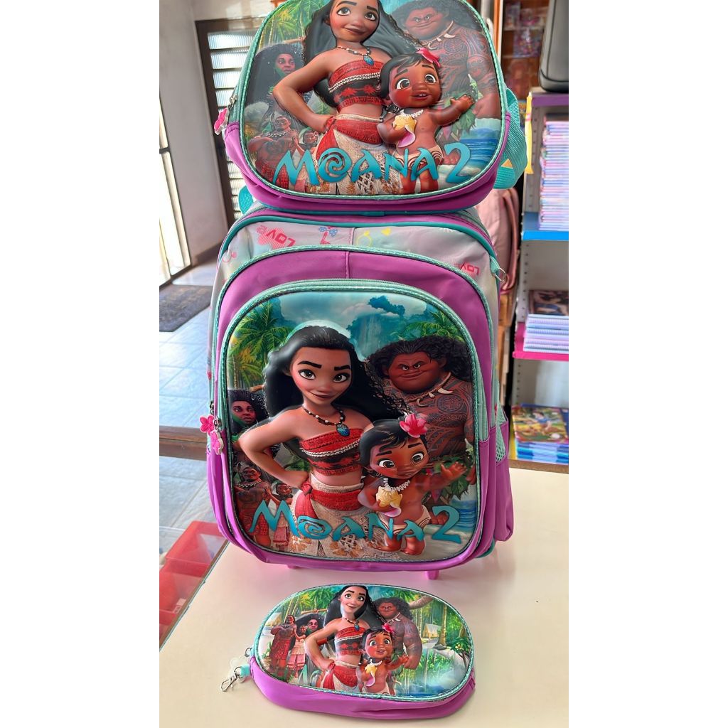 Kit Mochila com Rodinha Moana 2 Desenho em 3d Mochila com Carrinho + Estojo + Lancheira  Térmica