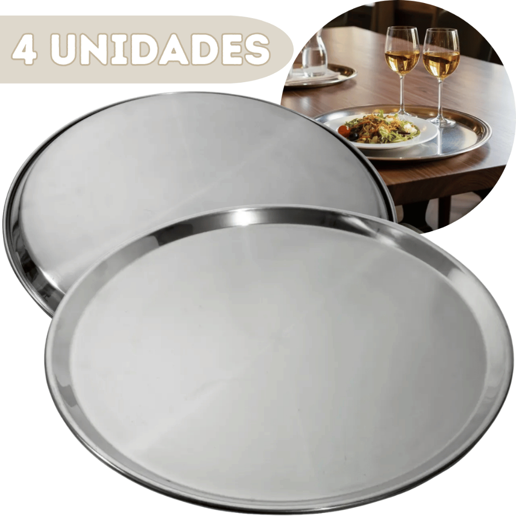 4 Travessa Redonda Inox 40cm para Garçom Servir Bebidas Transporte Buffet Hotel Restaurante Premium