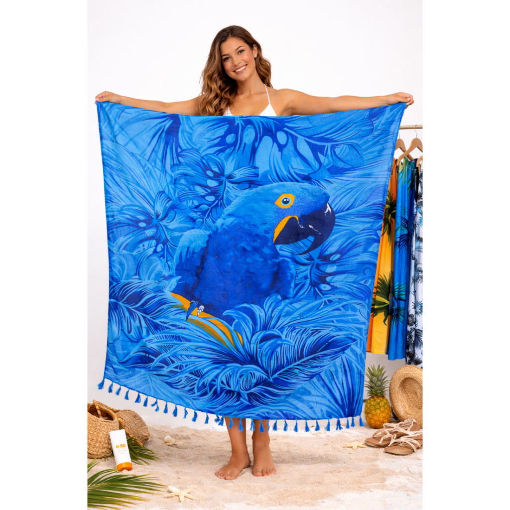Canga de Praia Estampa Arara Tropical com Franjas  100% Viscose -  Saida de Praia