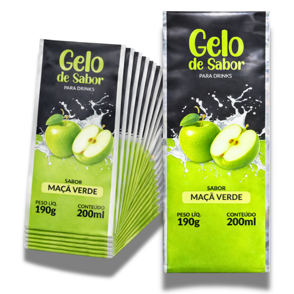 Embalagem para Gelo Sabor Maçã Verde 250 Unidades Gelo Saborizado BOPP Metalizado 200ml