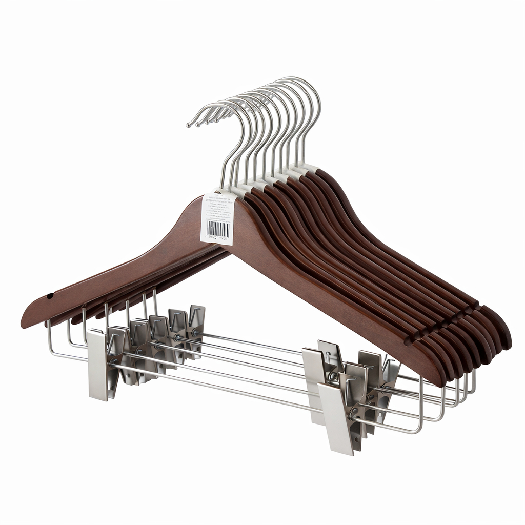 Kit 10 Cabides Madeira Marrom Escuro Com Presilha Para Closet Ajustável