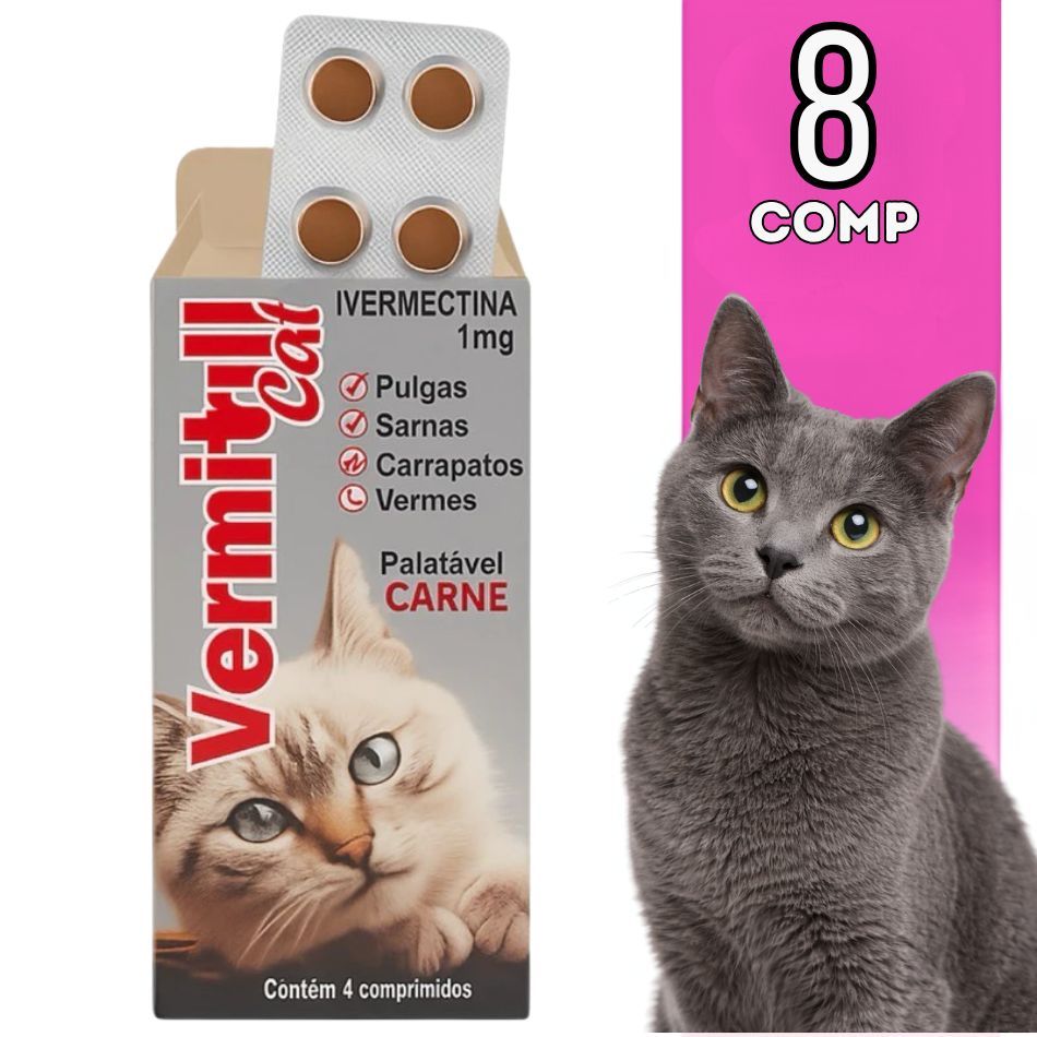 8 Comp VERMITRIL CAT Anti Vermes, Carrapatos, Pulgas E Sarnas Para Gatos - Mastigáveis Sabor Carne