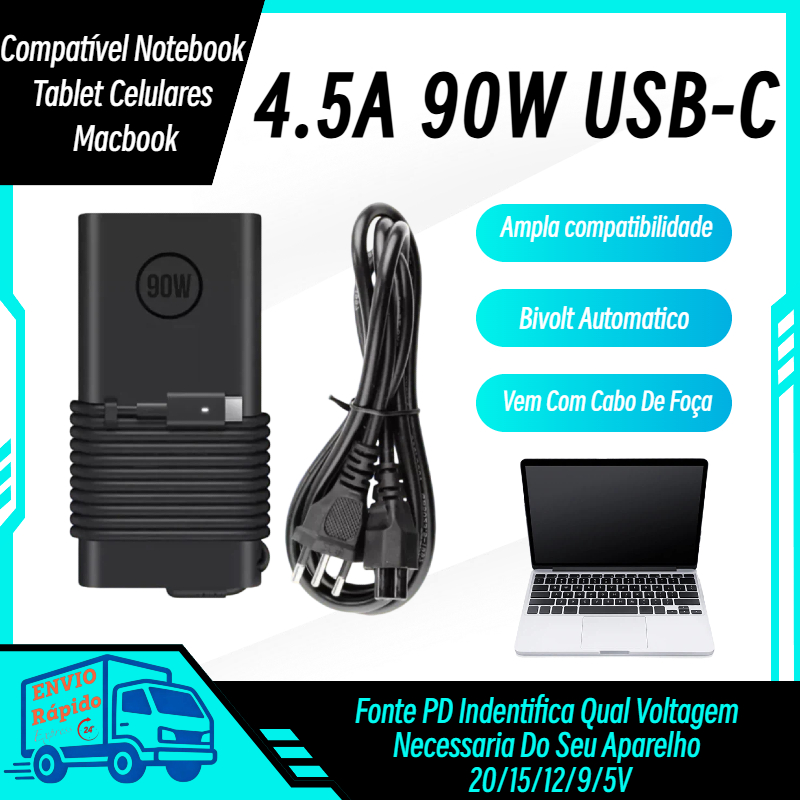 Fonte Carregador Notebook Grasep 90W USB-C Compatível conector type C Qualidade