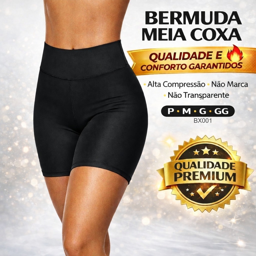 Bermuda Fitness Meia Coxa Cós Alto Modelador Não Transparente Alta Compressão P M G GG