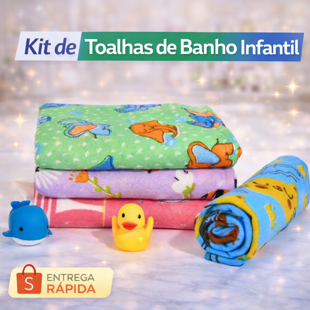 Kit 03 ou 04 Toalha Banho Infantil Desenhos Estampas e Outros Ideal Presente para Meninos e Meninas