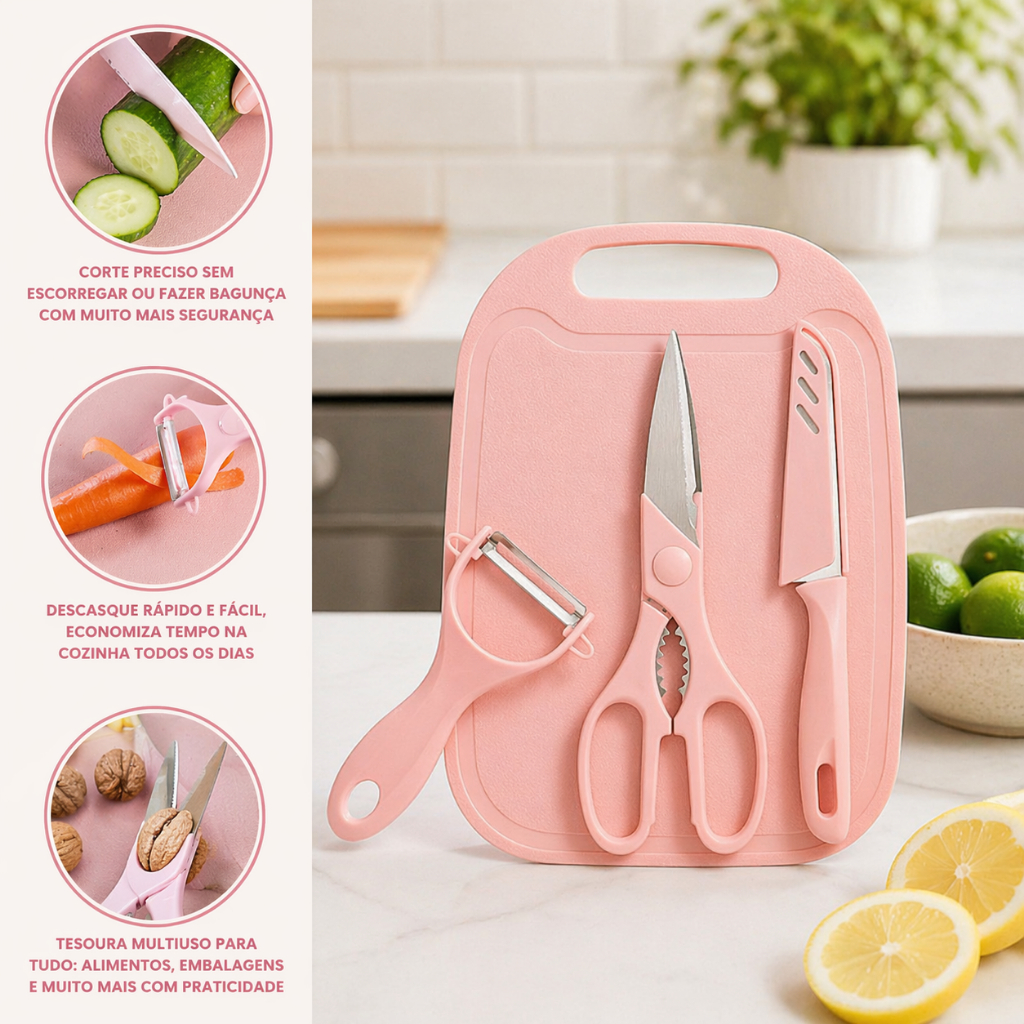 Kit Utensílios Cozinha 4 Peças Tábua Descascador Faca Tesoura Cortador Achadinhos